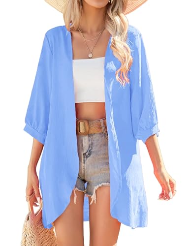 Image of Yekaty Kimonos for Women Lightweight Summer Cardigan Loose Beach Cover Up | kimono cardigans for women, 3 /4 sleeve layer with hip-covering fit for beach, vacation and casual summer outfits