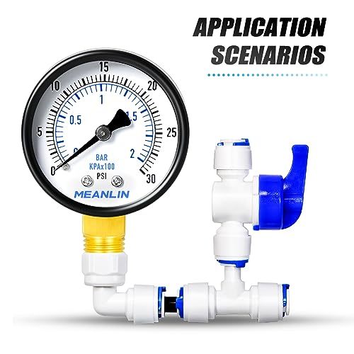 Image of MEANLIN MEASURE 0-30Psi Well Pump Pressure Gauge 1 /4 inch NPT 2 inch FACE DIAL for Pool Sand Filter Water Oil Air Pressure Test Lower Mount, with Teflon Tape
