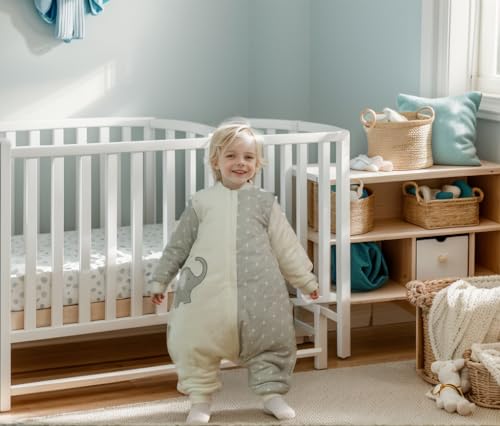Image of Baby Wearable Blanket With Leg Grey Cotton 2-4T Toddler Sleep Sack 36M Removable Long Sleeves Early Walk Sleeping Bag Quilted Filling Infant Winter Tog 2.5 Warm Kids Sleeper