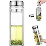 急須ボトル 茶こし付き 分離式で茶葉とお茶が別々ガラス水筒 透明 二重ガラス 直飲み 漏れ防止 耐熱 防爆 オフィス自宅用 贈り物 (450ml)