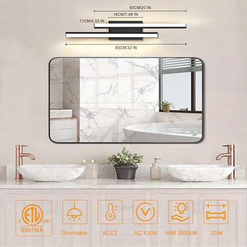 Image of Modern Bathroom Light Fixtures Over Mirror: ETL Certified 32-Inch Retractable Black LED Vanity Light Bar for Bathroom, 5CCT Optional Dimmable 2780LM 34W IP44 - Wall Light Fixture(1 Pack)