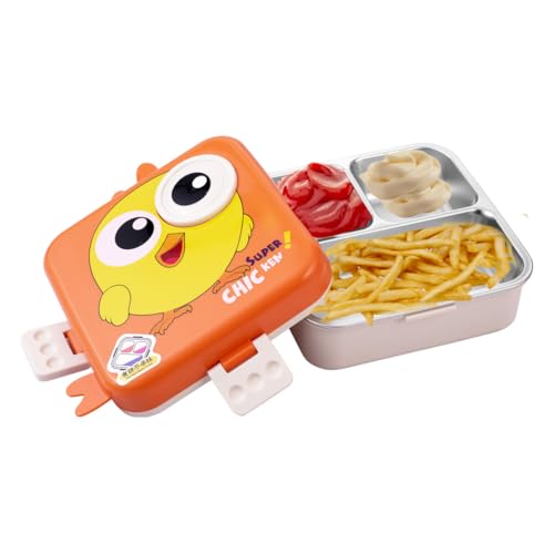 Image of ATTRO Carnival Super Birdy Lunch Box 2 Layer Stainless Steel Lunch Box Comes with 1 Detachable Tray, 1 Small Container & 1 Spoon Ideal for Kids BPA Free 1120ml+70ml- Orange