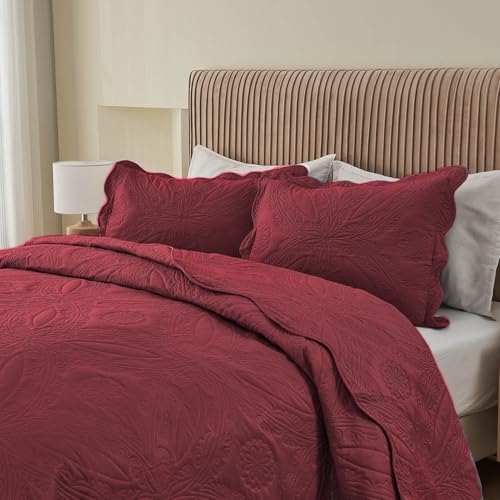 Image of Kingnex Oversized King Bedspreads 128x120 for Extra Wide Tall King or Cal King Bed Ultrasonic Quilted Coverlet Set 3 Piece Include 1 Quilt 2 Pillowcases Burgundy