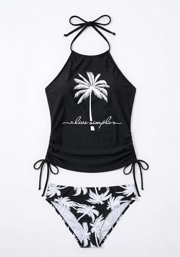 Image of Womens Two-Piece Tankini Set Cow Skull with Leopard Print Sets Swimwear Tankini Top Sets Swimwear