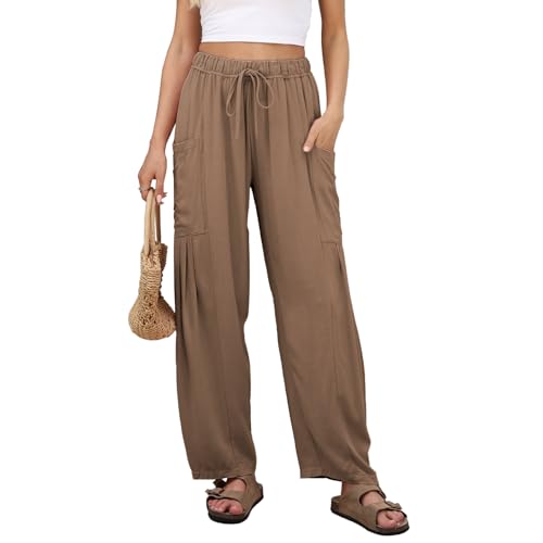 Duyang Women Linen Wide Leg Pants Casual Summer Palazzo Pants Beach Vacation Outfits Flowy Loose Trousers with Pockets