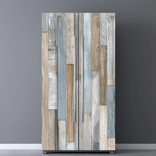 JBNJANKDAV Self Adhesive Vinyl Refrigerator Wrap Set Sanded Reclaimed Wood Panel Varied Textures Soft Lighting Self Stick Door Mural Sticker Removable Refrigerator Wrap Decal Kitchen Bar Decor