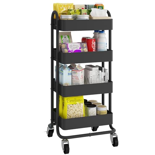 Metal 4-Tier Rolling Cart with Handle,Multifunction 4-Tier Rolling Cart Metal with Wheels,Kitchen Storage Carts Suitable for Office,Home,Kitchen,Garden（13.4"x18.1"x40"） Black