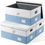 PRANDOM Storage Bins with Lids [3-Pack] Linen Fabric Foldable Storage Boxes Organizer Containers Baskets Cube with Cover for Bedroom Closet Office White&Blue (23.4X15.9X11.4)