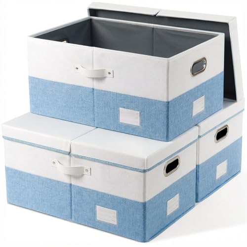 Image of PRANDOM Storage Bins with Lids [3-Pack] Linen Fabric Foldable Storage Boxes Organizer Containers Baskets Cube with Cover for Bedroom Closet Office White&Blue (23.4X15.9X11.4)