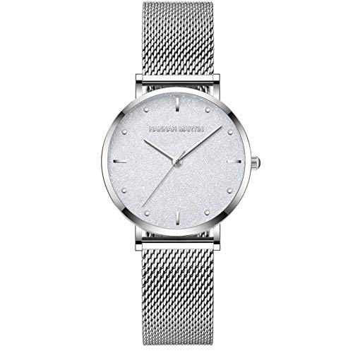Kubagom Très Mince Montre pour Femme Quartz Analogique Étanche Acier Inoxydable (Surface Blanche, Ceinture Argent) Cover