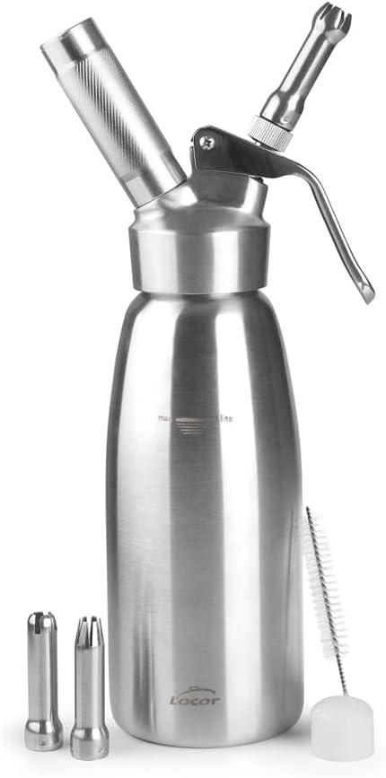 Lacor - 68300 - Siphon, Epicurean Siphon, Robust and Durable, 18/10 Stainless Steel, Hot and Cold Foams, 3 Stainless Steel Nozzles, N2O, Brush, Dishwasher Safe, Capacity: 0.5 L