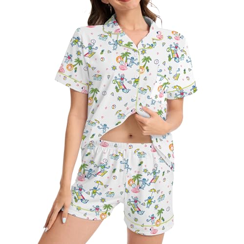 Image of Ammiko Womens Pajamas Set Y2k Loungewear Pajama Button Down Top and Shorts Monkey Beach Short Sleeve Sleepwear Preppy