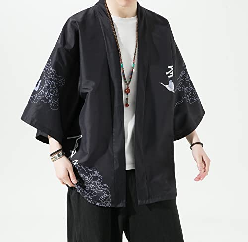 PRIJOUHE Men\'s Kimono Cardigan Jacket Japanese Style Flying Crane Seven Sleeves Open Front Coat