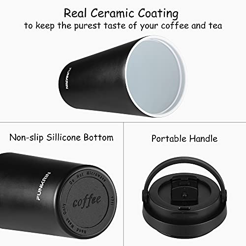 Funkrin Insulated Coffee Mug With Ceramic Coating, 16Oz Vacuum Stainless Steel Tea Tumbler With Lid And Handle, Double Wall Leak-Proof Thermos Mug For Travel Office School Party Camping #TOP1