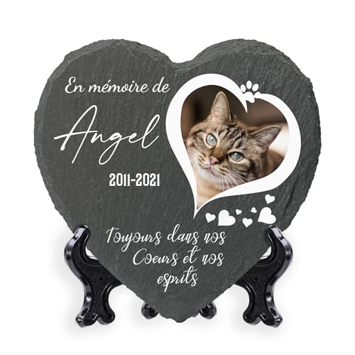 Plaque commémorative carrée personnalisée 25 x 25 cm avec nom, Date, Photo et Support pour Animal Domestique, Chat, Chien, Ardoise, Pierre tombale - Photo Coeur