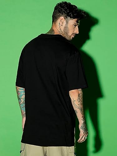 Image of Veirdo Cotton Black & Limeade Oversized Fit Half Sleeve Crew-Neck Floral Printed Longline T-Shirt for Men