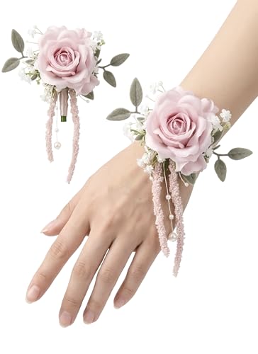 PartyforU Pink Rose Corsage and Boutonniere Prom Wrist Corsages and Boutonniere Set for Men Women Party Wedding Boutonnieres and Corsage Wristlet Kit for Groom Groomsmen Bride Bridesmaid