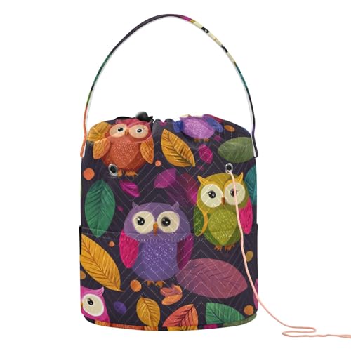 Image of ElliTarr Crochet Bag Yarn Bag with Handle Portable Knitting Project Bag Travel Yarn Storage Organizer Holder Case Black Owl and Leaves
