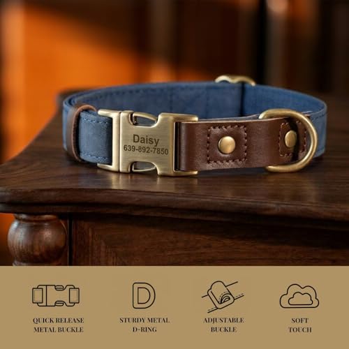 Image of Personalized PU Leather Dog Collars, Quick Release Buckle,Blue,XL