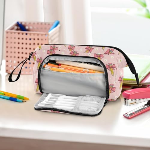 Image of Ribbon Bow Pen Pencil Case Pouch Big Capacity Pencil Bag Box Organizer Pen Case Pencil Pouch Aesthetic with Handle for Teen Girls Boy College Women School
