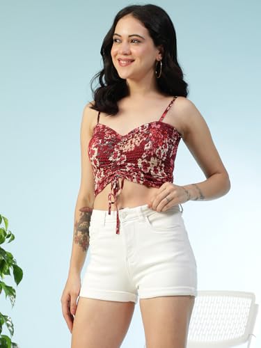 Image of oxolloxo Women Satin Chiffon Print V-Neck Smocked Shoulder Strap Sleeveless Tie-Up Detail Crop Top