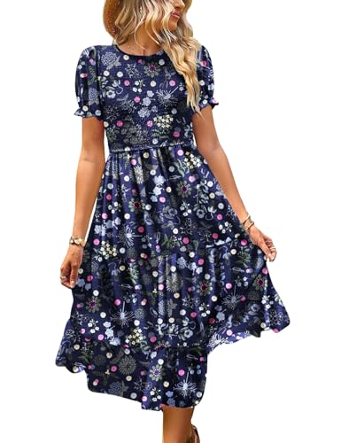 YESNO Women's Summer Causal Puff Short Sleeve Smocked Dress Elastic Waist Tiered Midi Dress with Pockets L EP2UK CR424