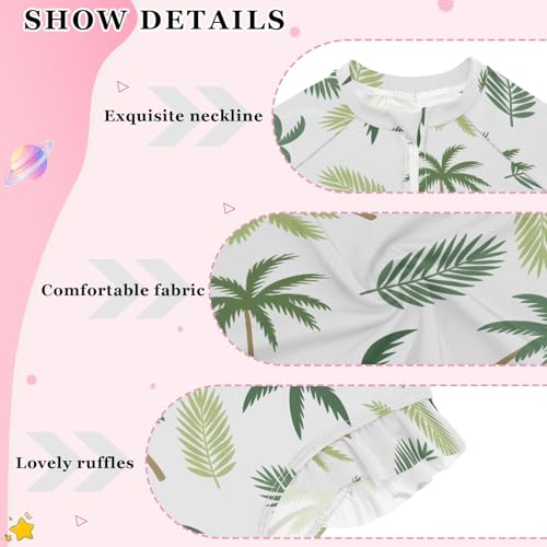 Coconut Tree Palm Leaves Pattern Girls One Piece Rash Guard Swimsuit, Girls Long Sleeve Swimwear for 3-12Y4
