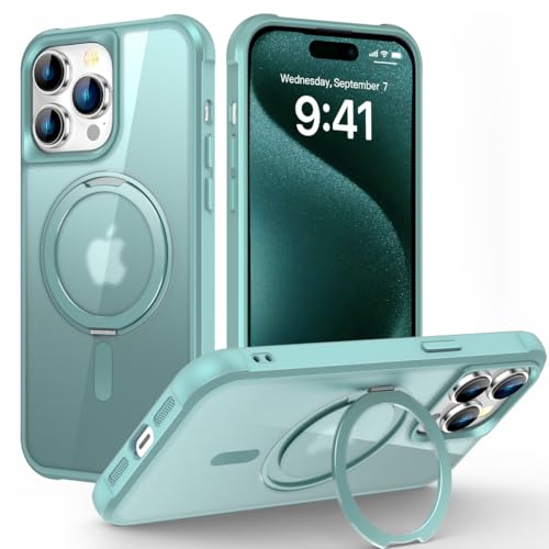 Image of Compatible with iPhone 15 Pro Case with Stand 6.1 inch,Green | Matte Translucent Phone Case for iPhone 15 Pro,360 Magnetic Ring Stand,Compatible Mag-Safe,Military Grade Protection