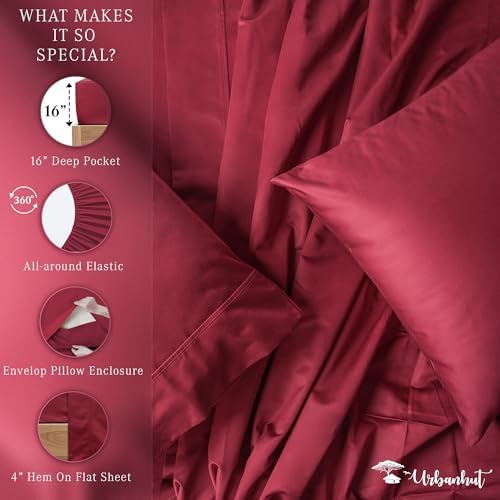 URBANHUT 1000 Thread Count 100% Cotton Queen Size Sheets, Soft & Breathable 4 Piece Bedsheet Set, Luxury Hotel Sheets Sateen Weave, Better Than Egyptian, 16" Elasticized Deep Pocket - Burgundy