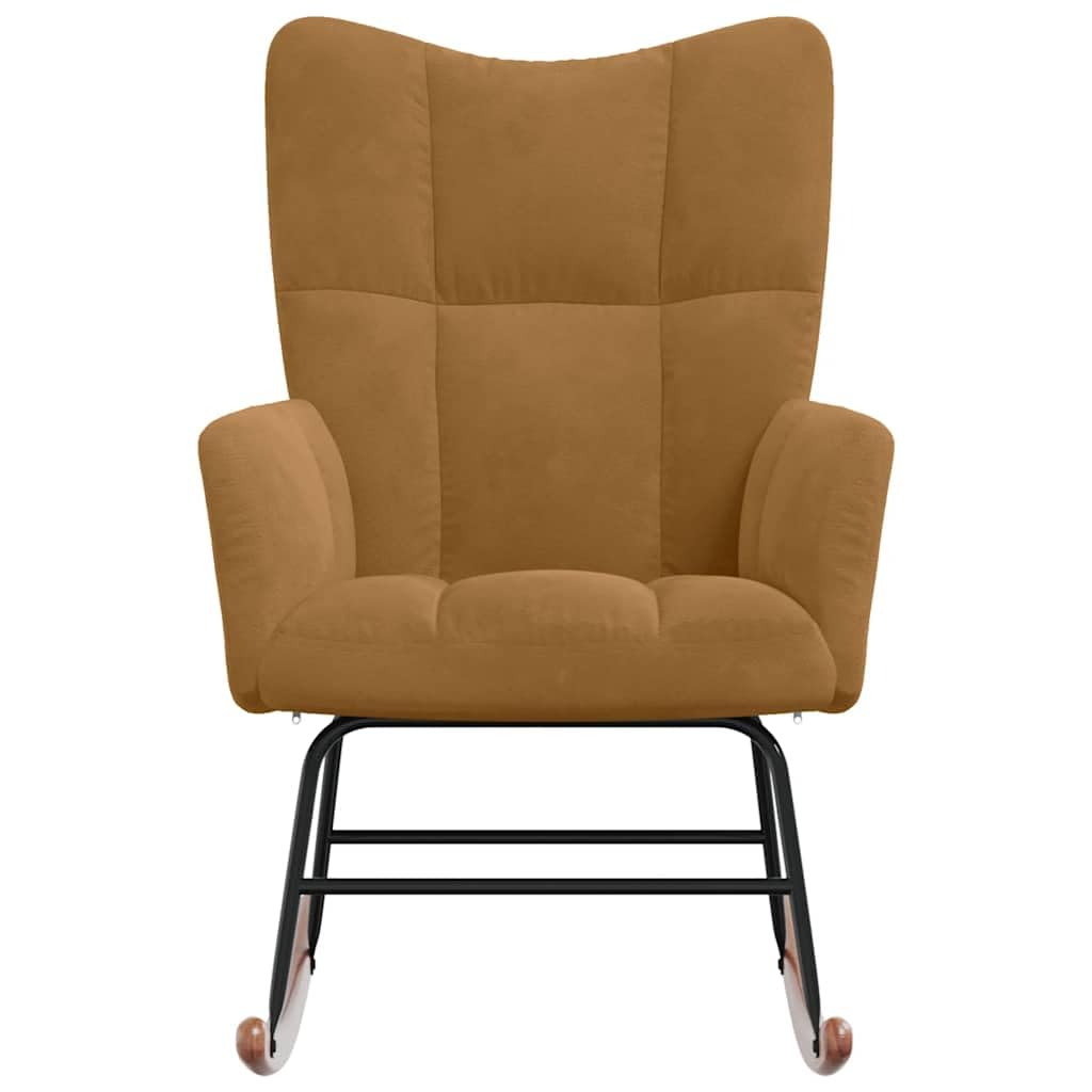 Schaukelstuhl Braun Samt, Moderner Relaxstuhl mit Polsterung und Holzkufen, Eleganter Wippstuhl mit Quadrat-Steppung, Bequemer Polstersessel für Wohnzimmer & Schlafzimmer