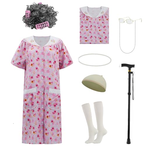 AYYOHON Old Lady Costume for Women Grandma Costume Kit with Nightgown Old Lady Dress Granny Costume Halloween Outfits L/XL