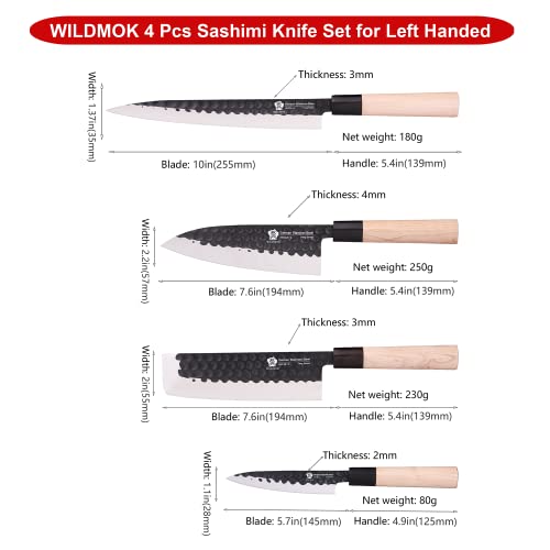 Wildmok 4Pcs Knife Set Gyuto Sashimi Sushi Knife Sets For Left Handed, Fish Filleting Chef Knife For Kitchen German Steel Blade & Traditional Wooden Handle #TOP2