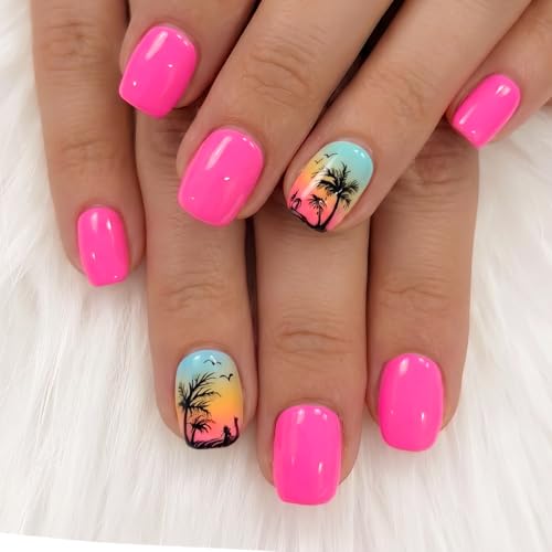 Image of CurvLife Short Oval Press On Nails, Orange, Island Sunset, Soft Gel