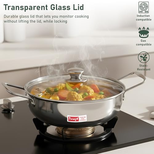 Image of Parage 1 Pieces Stainless Steel Mini Kadhai 1.5 Litre with Glass Lid for 2-3 People | Gas & Induction Friendly Encapsulated Base | Rust-Resistant Cookware for Daily Cooking
