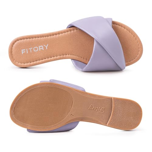 Image of FITORY Women's Flat Sandals Fashion Slides With Soft Leather Slippers for Summer Size 6-11