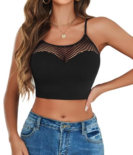 Avidlove Sexy Tops for Women Fishnet Crop Tops Y2k Bralette Hollow Out Camisole Going Out Tops Lingerie (Black, M)