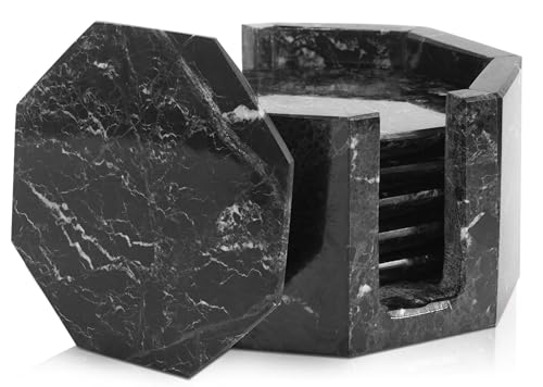 Marble Range Set di 6 sottobicchieri neri fatti a mano da 8,9 cm per bevande per tavolino da caffè, sottobicchieri in marmo con supporto