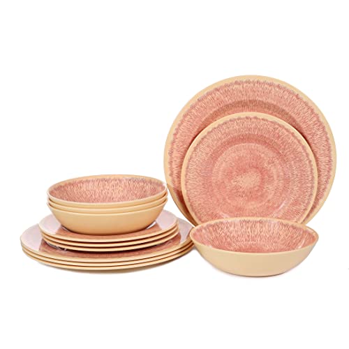 Melamine Dinnerware Sets- 12Pcs Plates And Bowls Set For 4, Suitable For Indoor And Outdoor Use, Dishwasher Safe,Pink Grapefruit #TOP14
