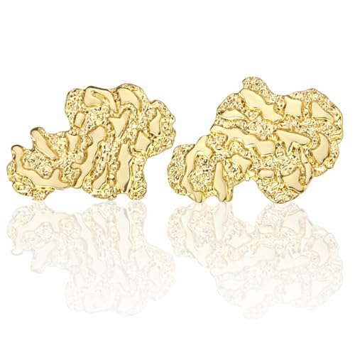 Gold Nugget Earrings Gold Earrings for Men 925 Sterling Silver 14K Gold Plated Best Earring for Sensitive ears Gleaming Gift Choice (L)