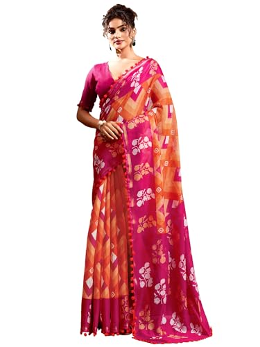 Image of AKHILAM Women's Cotton Printed Saree With Unstitched Blouse Piece