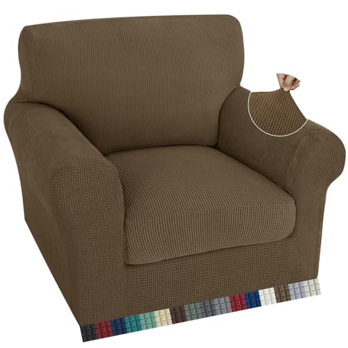 ZNSAYOTX 2 Piece Chair Covers with Arms for Living Room, Super Soft Armchair Slipcover with Seat Cushion Cover Thick Durable, Spandex Blend High Stretch & Bottom Ties Chairs, Brown