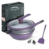 TIBORANG Nonstick 8 in 1 Multipurpose Woks and Stir Fry Pans,12.6 Inch 7-layer Coating Heat Indicator Cookware Chinese Wok with Transparent Glass Lid, Silicone Spatula,Steamed Grid,6L(Purple)