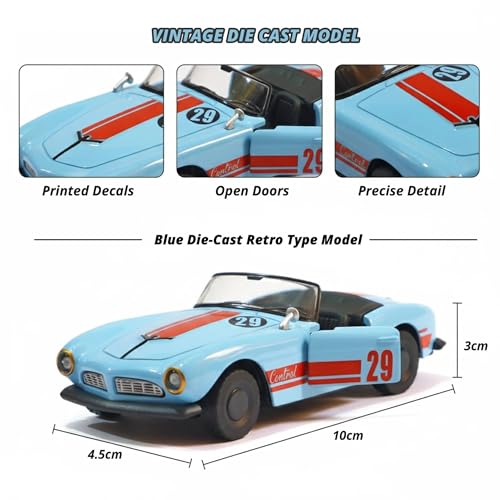 Image of SHAKTISM Die Cast Metal Toy Cars Set - 1:43 Scale Pull Back Action Cars with Open Doors, 4 Model Designs, Mini Vintage Car Collection for Kids Boys Girls, Gift Toy (SkyBlue Diecast Model)