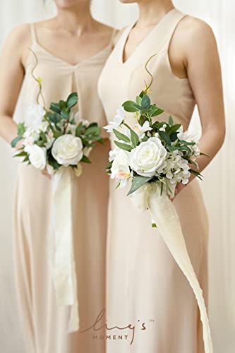 Ling's Moment 7 Inch White & Ivory Artificial Flowers Bridesmaid Bouquets For Wedding,Set Of 4,For Wedding Ceremony And Anniversary, Bridal Shower #TOP1