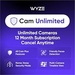 Wyze Security Plan - Cam Unlimited | Unlimited Cameras | 12 months Subscription. Full AI features | Facial Recognition for Friendly Faces | Smart Detection for Person, Pet, Package, Vehicle and Glass Break | Security Surveillance and Monitoring | Rolling 14 Days Event Video Recording | Activation Required | Cancel Anytime