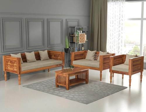 Image of Sheesham Wooden 6 Seater Sofa Set for Living Room | Rosewood Cushion Sofa | Solid Wood Sofa Set for Lounge (Honey, 6 Seater)