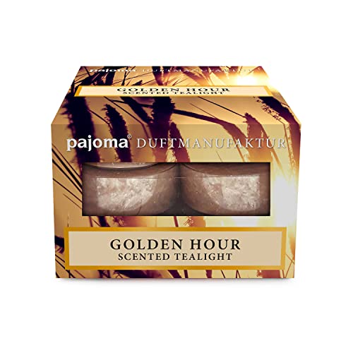 pajoma® Duftteelichte 12 Stück, Golden Hour | mit Stearinsäure-Wachs in Polycarbonathülle | Brenndauer ca. 3 Stunden - Höhe 1,5 cm ø 3,5 cm | Premium Qualität | Deko, Gastronomie, Outdoor
