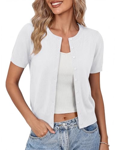 GRACE KARIN White Cardigan for Women, Short Sleeve Button Sweater, Business Casual Outfits for Women Bright White S