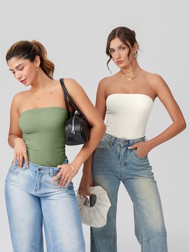 Image of OQQ Womens Tube Bodysuits Strapless Basic Sleeveless Ruched Stretch Classic-Fit Tops Sexy Bodysuits