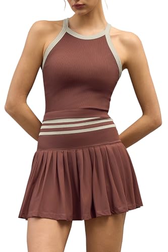 QINSEN Womens Two Piece Tennis Skirt Set Ribbed Knit Padded